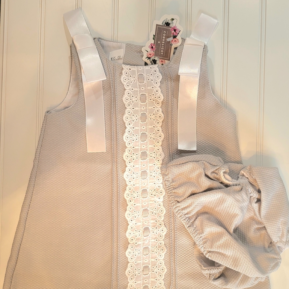 NWT Classic Coquelicot Grey Dress w Slip + Lace Trim, Incl Fully Lined Bloomers
